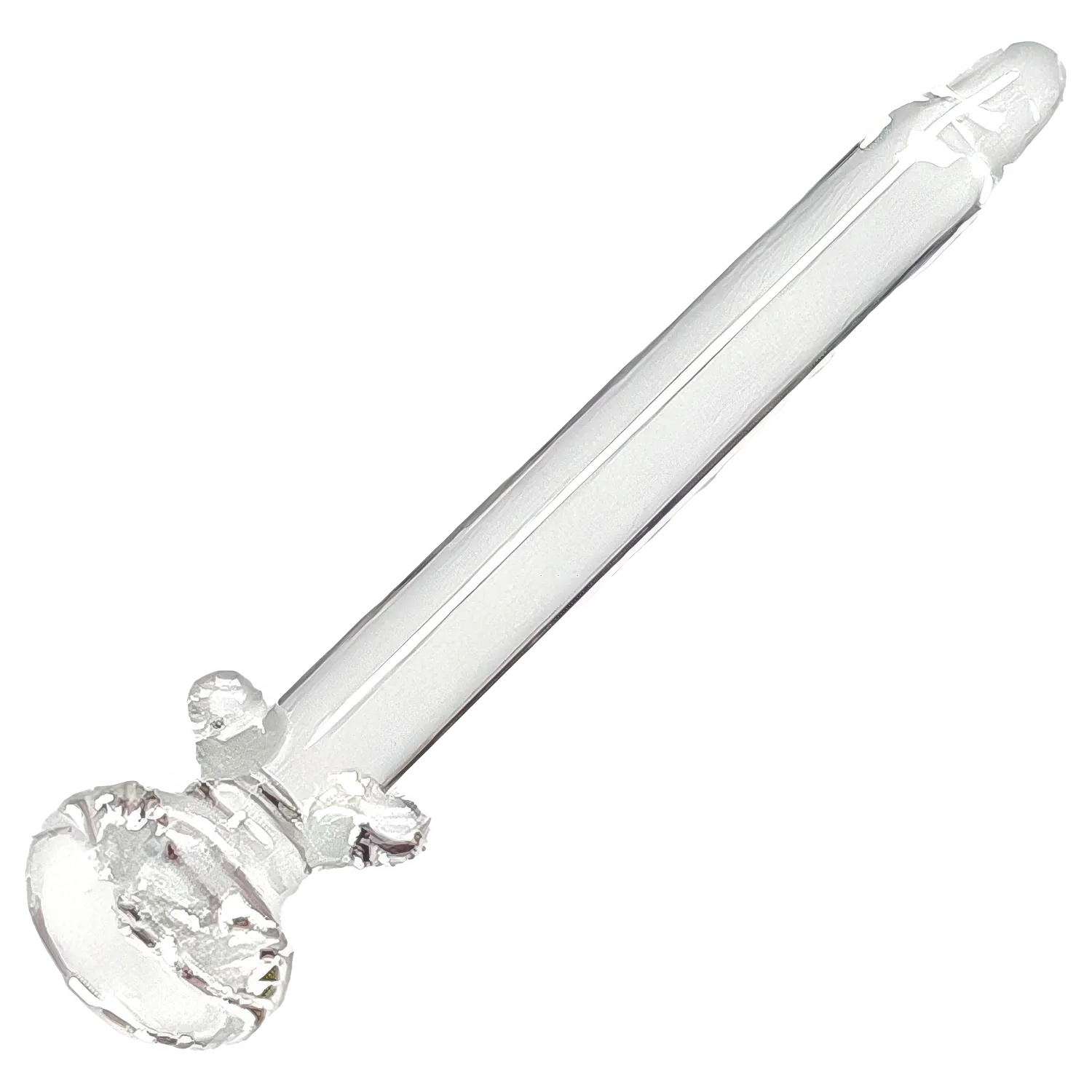 Angled close-up of the clear DHC Glass Nail 10mm showing its long cylindrical shaft and rounded base against a white background