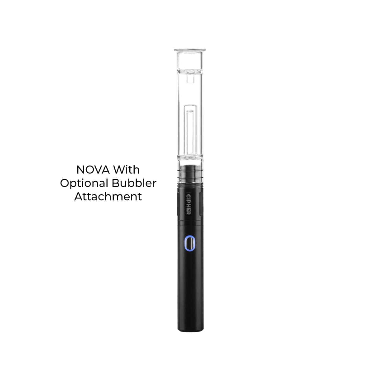 Centered front view of the Cipher NOVA | Carbon Black - V2 with a clear bubbler attachment and illuminated blue power ring on a white background
