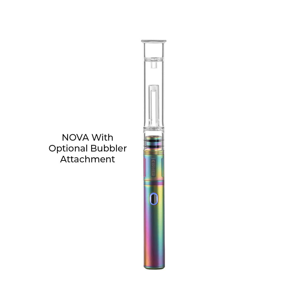 Centered front view of the Cipher NOVA | Iridescent - V2 showing its tall glass bubbler attachment above a metallic rainbow cylindrical body on a white background