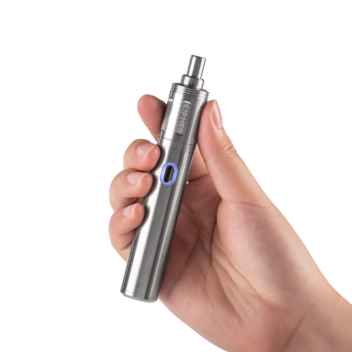 Handheld angled view of the Cipher NOVA | Stainless Steel - V2 held upright between fingers, showing its brushed metal body and blue-lit oval button.