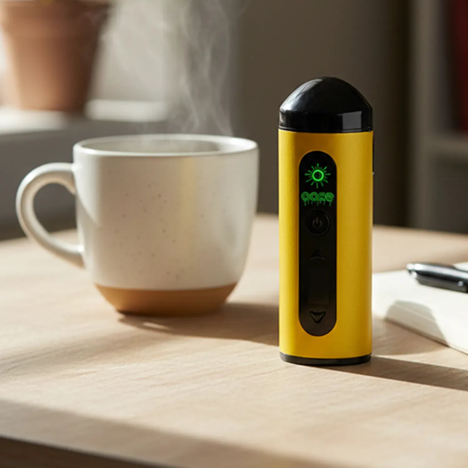 Close-up, three-quarter view of a gold Ooze Drought Dry Herb Vaporizer Kit standing upright on a sunlit wooden table beside a steaming white ceramic mug.
