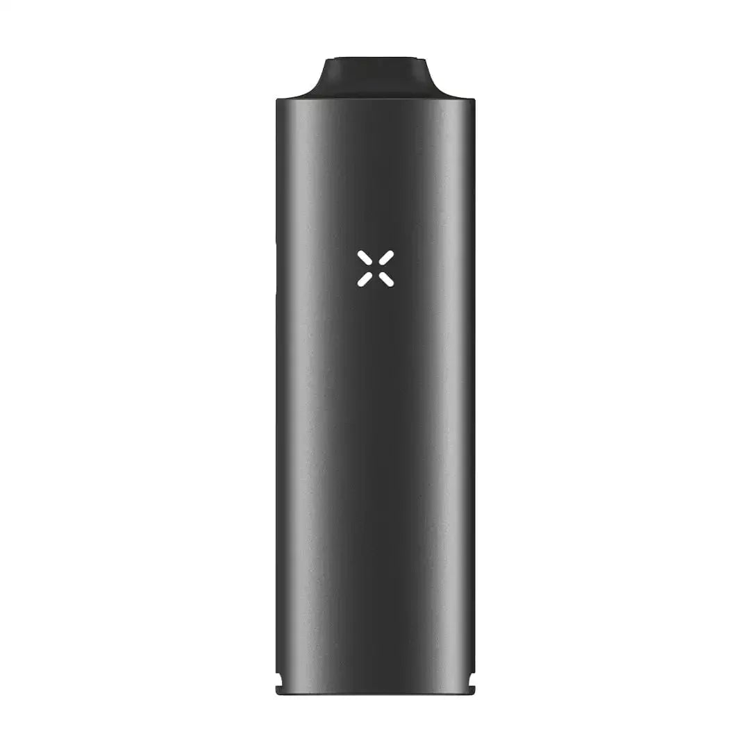 Center-aligned front view of a matte black Pax Four Vaporizer standing upright on a white background, showing its rounded mouthpiece and illuminated X logo.