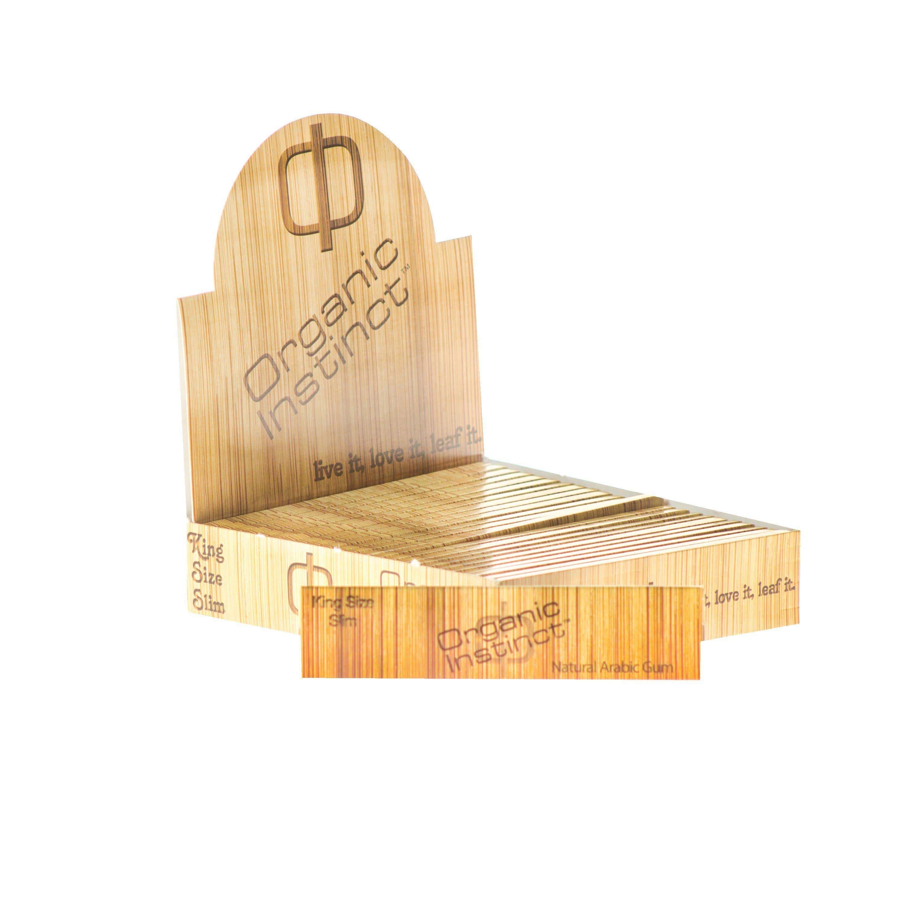 Angled close-up of the bamboo display showing "Organic Instinct Hemp Rolling Papers - 1 1/4""