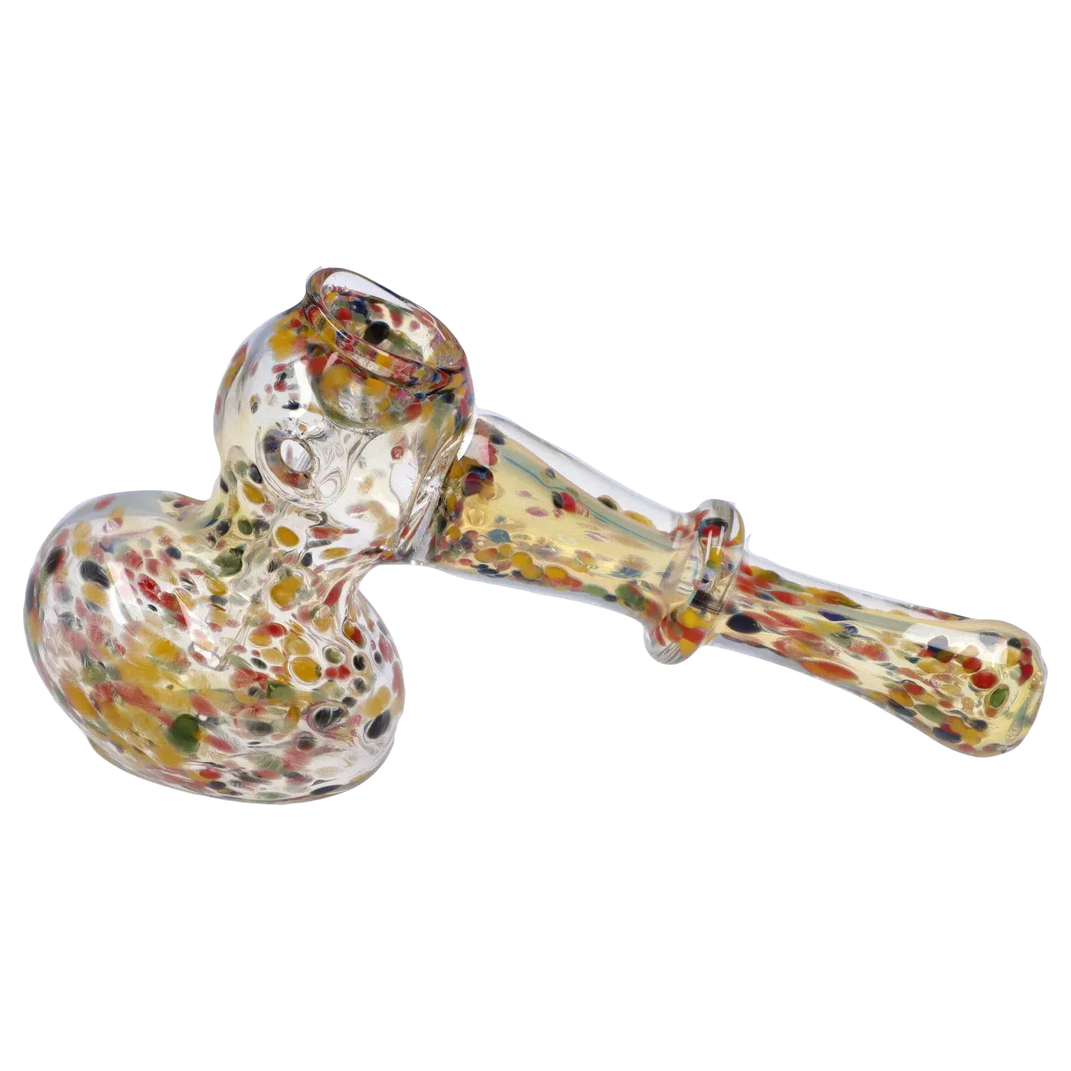 Angled close-up of the DHC Rainbow Frit Hammer Bubbler - 5 in. showing its clear glass body speckled with red, yellow, green, and black frits.