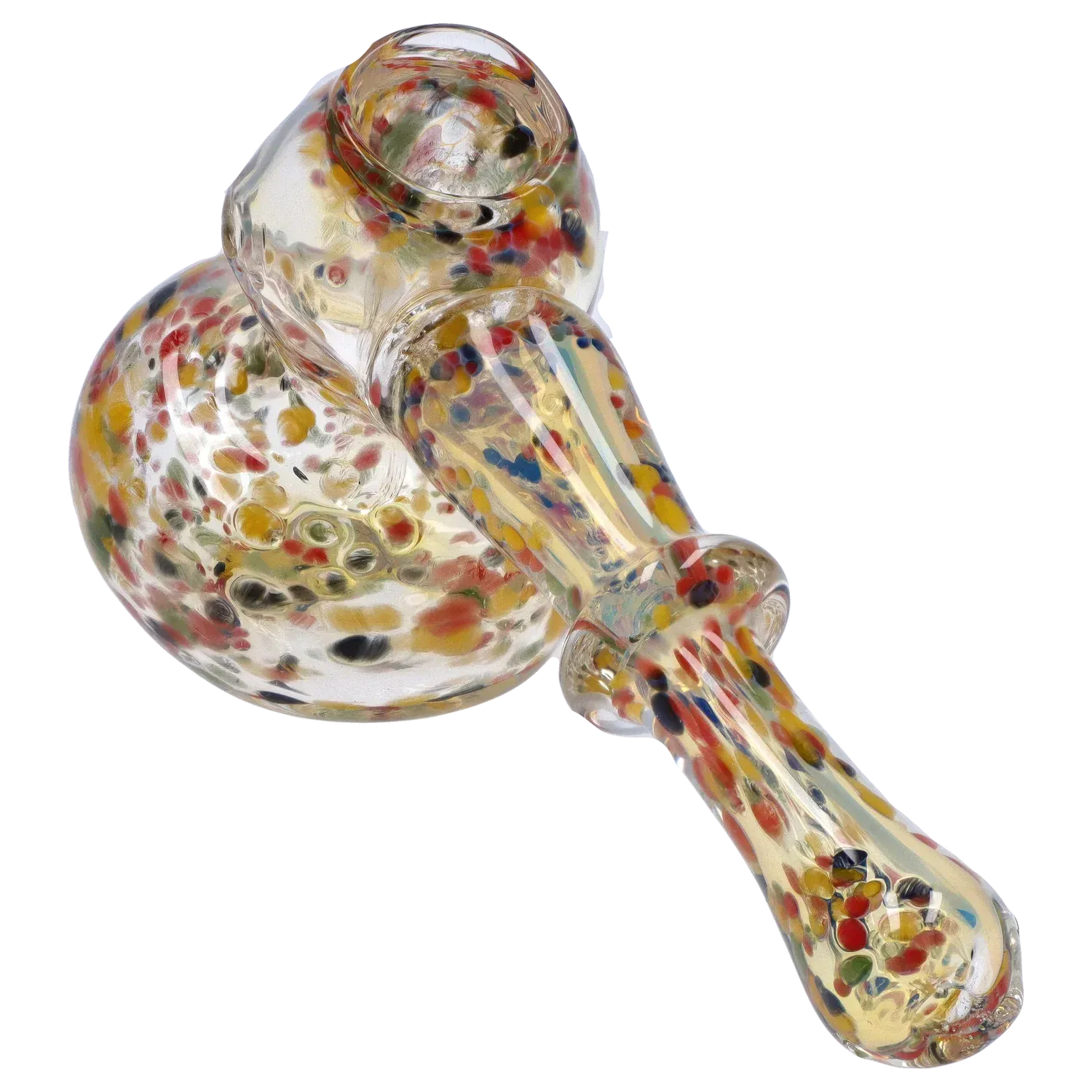 Angled close-up of the DHC Rainbow Frit Hammer Bubbler - 5 in. showing its clear glass body speckled with multicolored confetti-like frit.