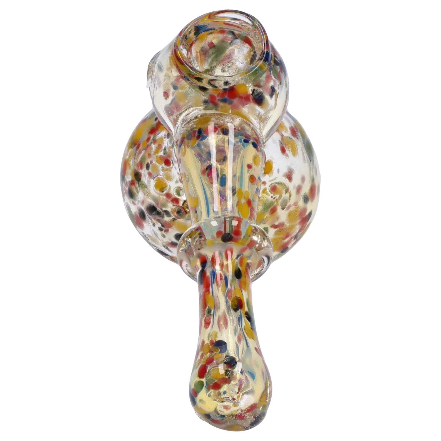 Top-down close-up of the DHC Rainbow Frit Hammer Bubbler - 5 in., showing its clear glass body speckled with multicolored frit.