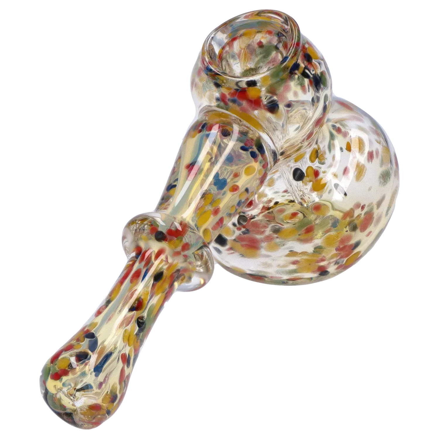 Angled close-up of the DHC Rainbow Frit Hammer Bubbler - 5 in., showing its clear glass body flecked with multicolored frits and a rounded bowl against a white background