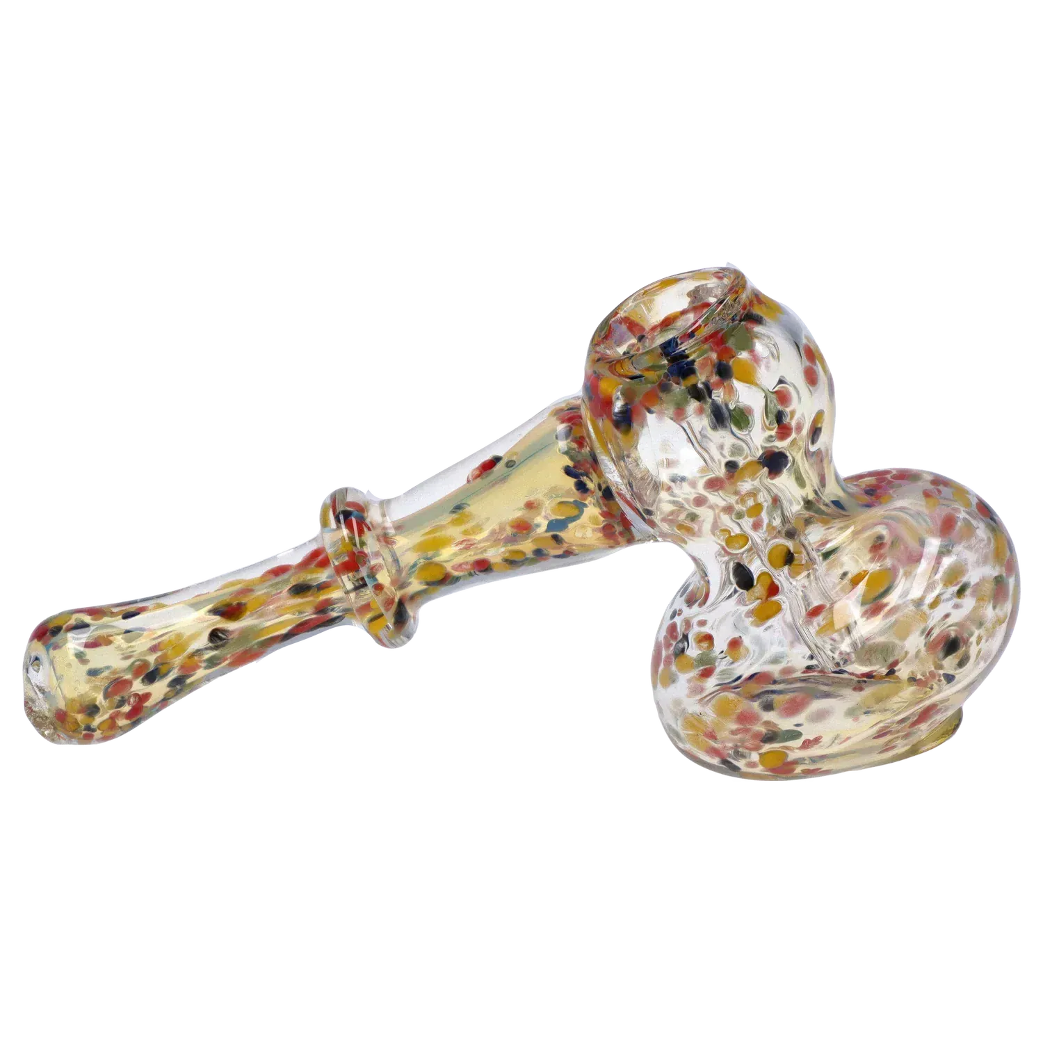 Angled close-up of the DHC Rainbow Frit Hammer Bubbler - 5 in., showing its clear glass body flecked with red, yellow, green, and black frit.