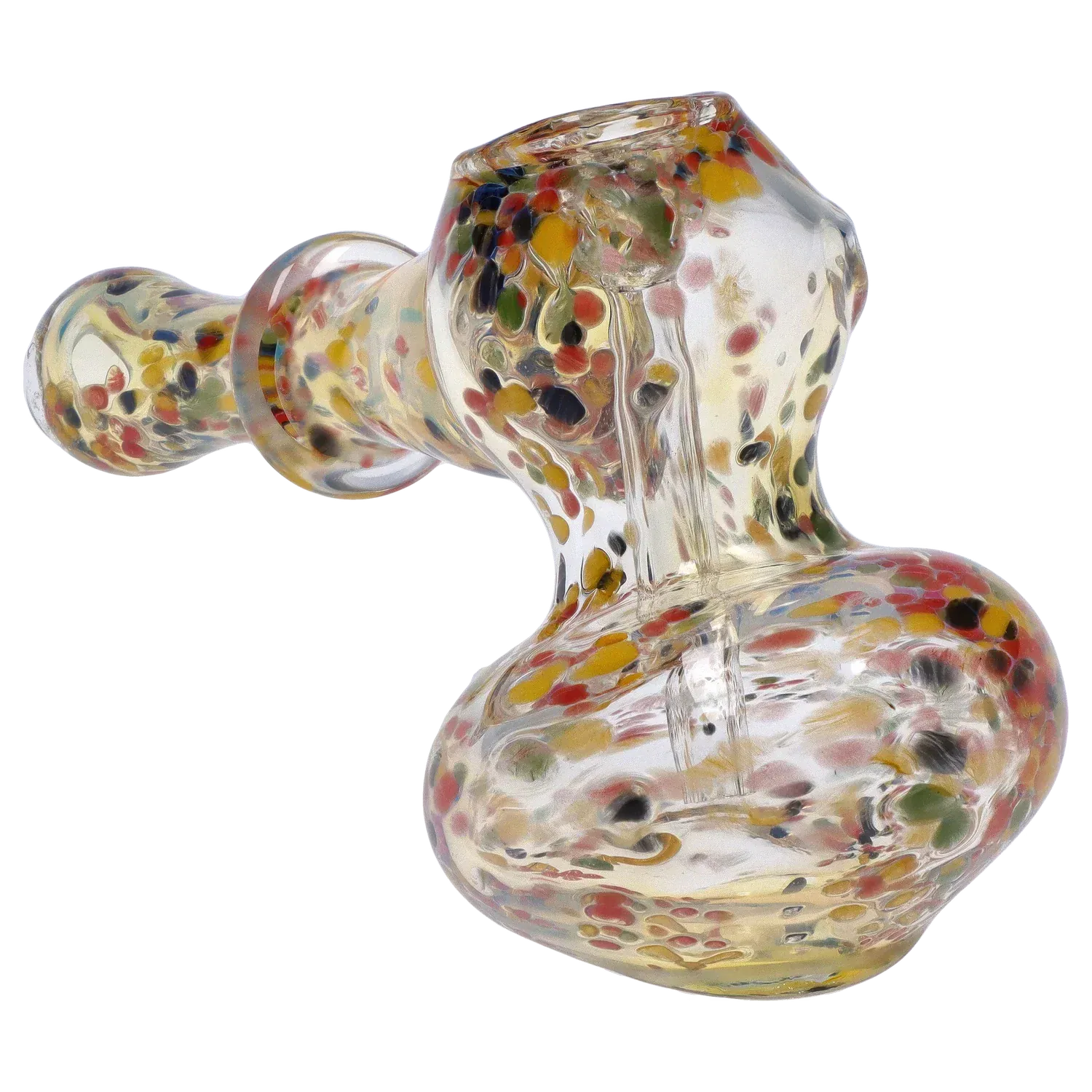 Angled close-up of the DHC Rainbow Frit Hammer Bubbler - 5 in., showing its clear glass body speckled with multicolored frit under bright, even lighting