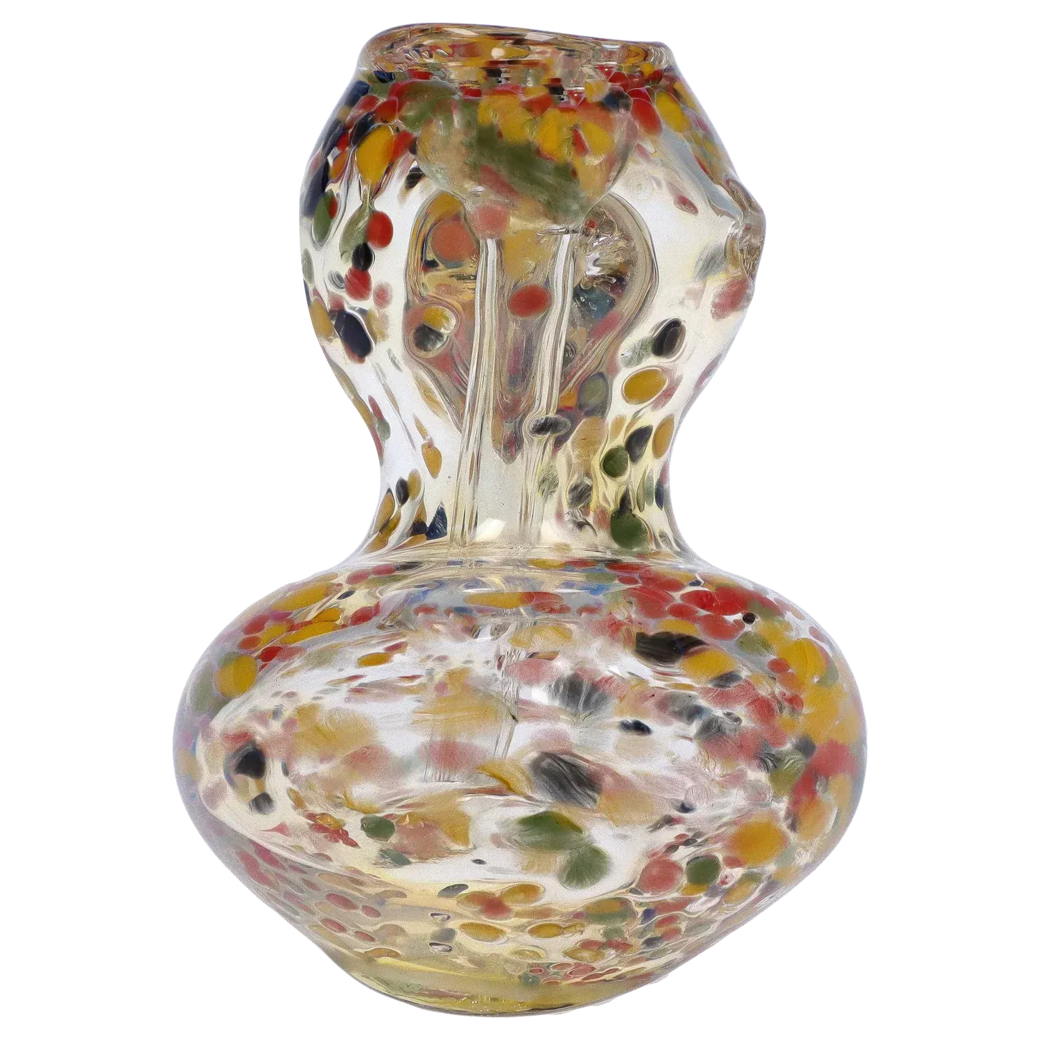 Close-up front view of the DHC Rainbow Frit Hammer Bubbler - 5 in. showing its bulbous clear glass body and neck speckled with red, yellow, green and black frit.