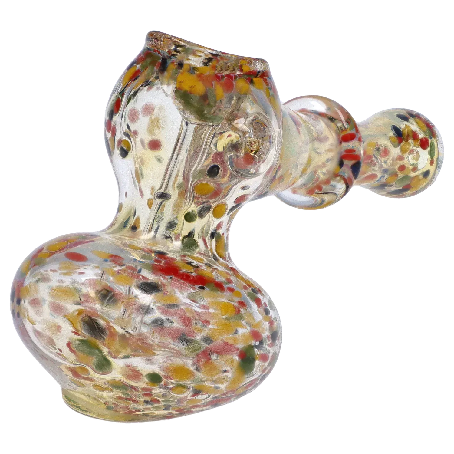 Angled close-up of the DHC Rainbow Frit Hammer Bubbler - 5 in., showing its multicolored frit dots embedded in clear glass against a white background.