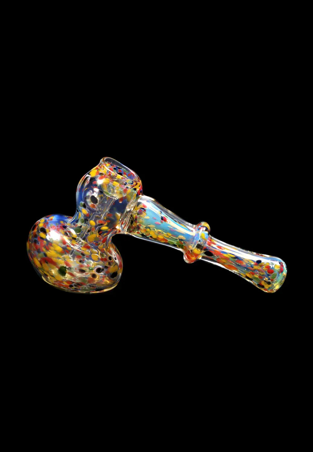 Angled side view of the DHC Rainbow Frit Hammer Bubbler - 5 in. showing its multicolored frit-speckled glass against a black background
