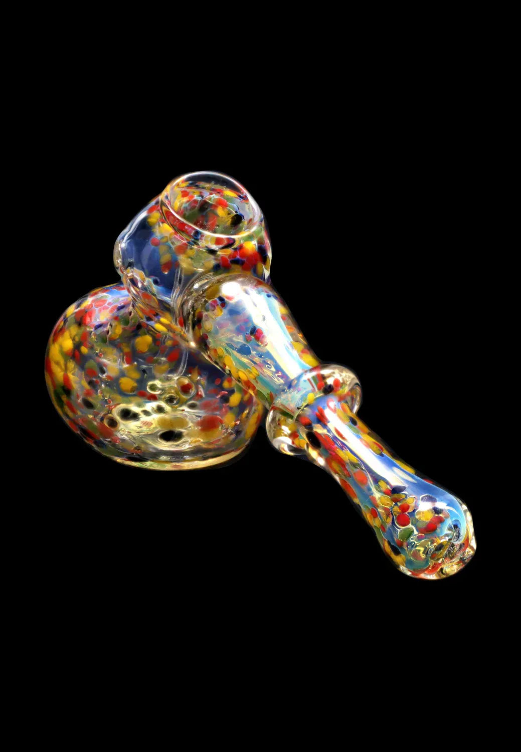 Angled close-up of the DHC Rainbow Frit Hammer Bubbler - 5 in. showing its colorful frit-speckled glass head and elongated handle against a black background