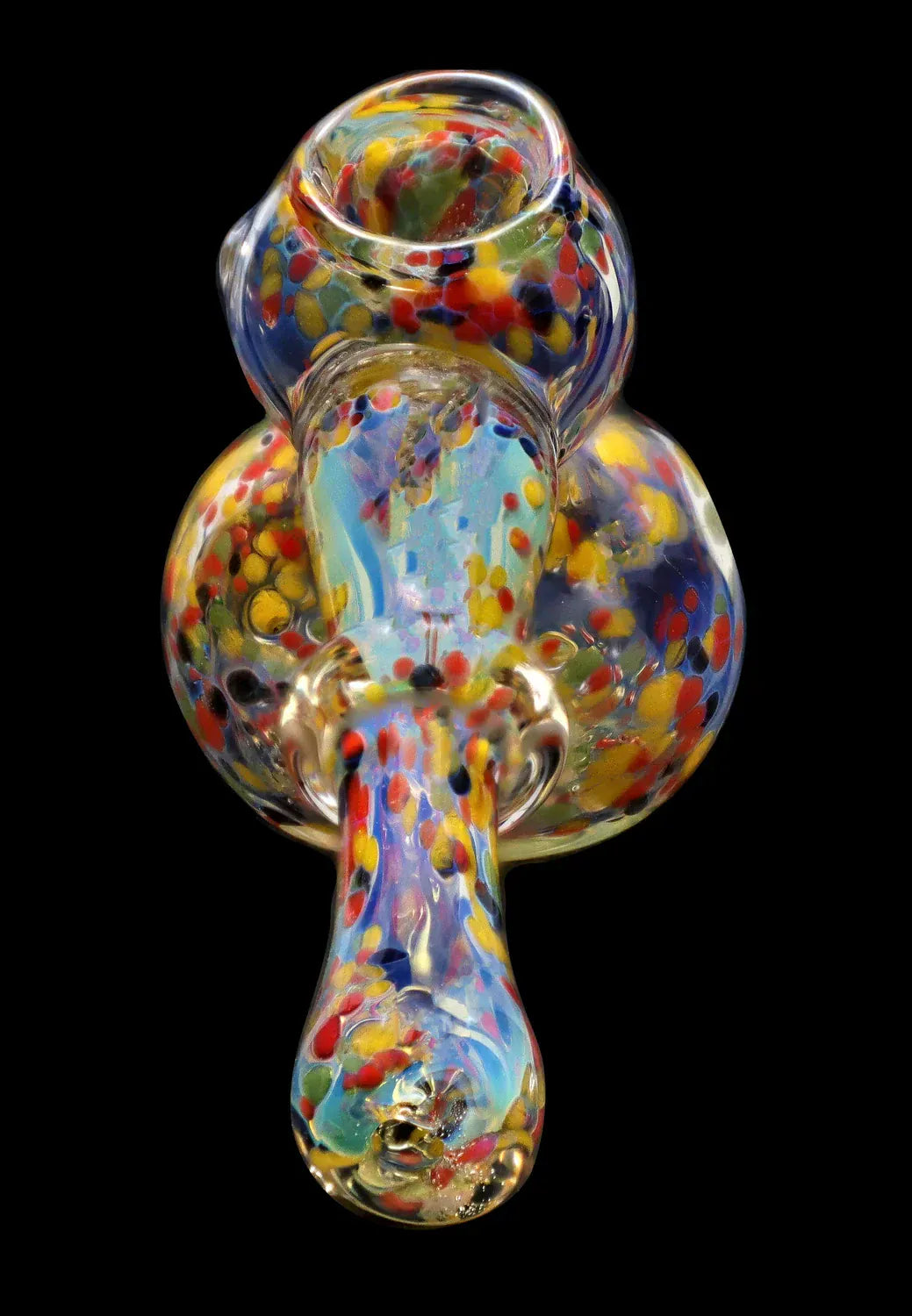 Top-down view of the DHC Rainbow Frit Hammer Bubbler - 5 in., showing a multicolored frit pattern on a rounded glass body against a black background.