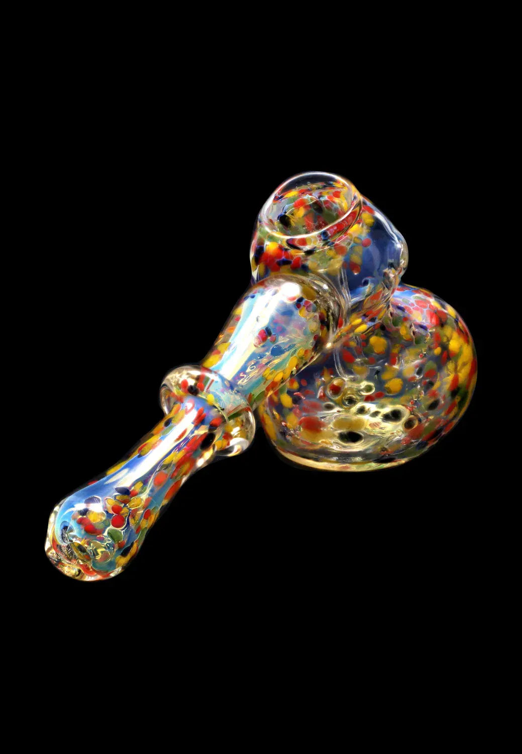 Angled close-up of the DHC Rainbow Frit Hammer Bubbler - 5 in. showing multicolored frit speckles on clear glass against black.