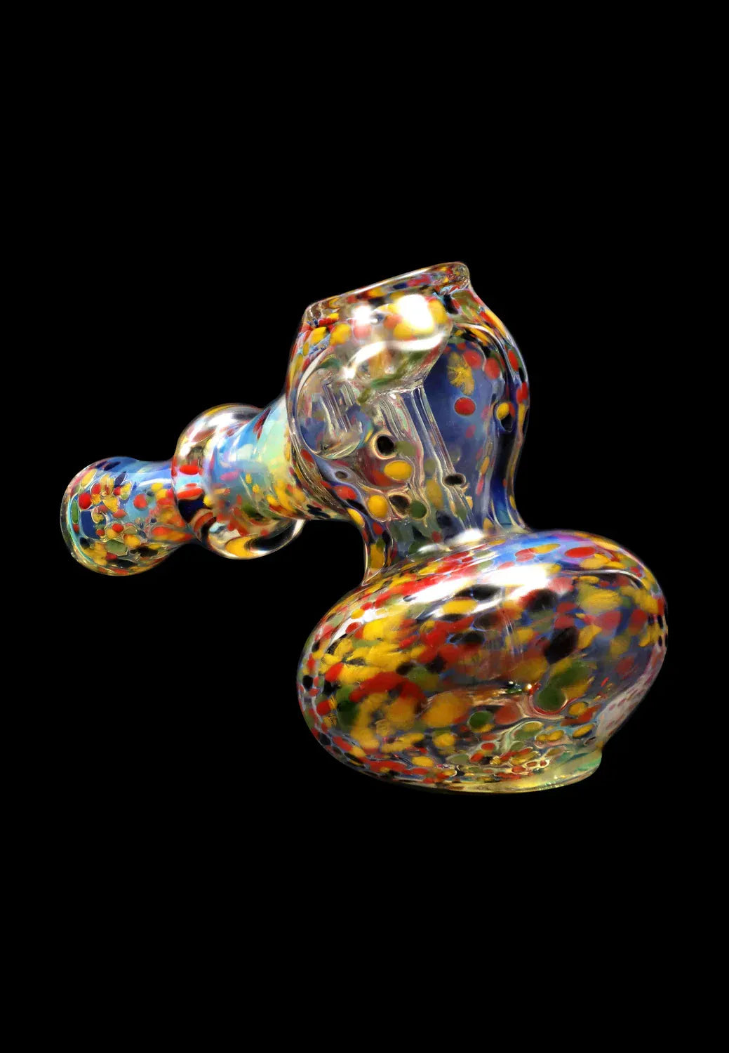 Angled close-up of the DHC Rainbow Frit Hammer Bubbler - 5 in. showing a multicolored speckled glass body against a black background.