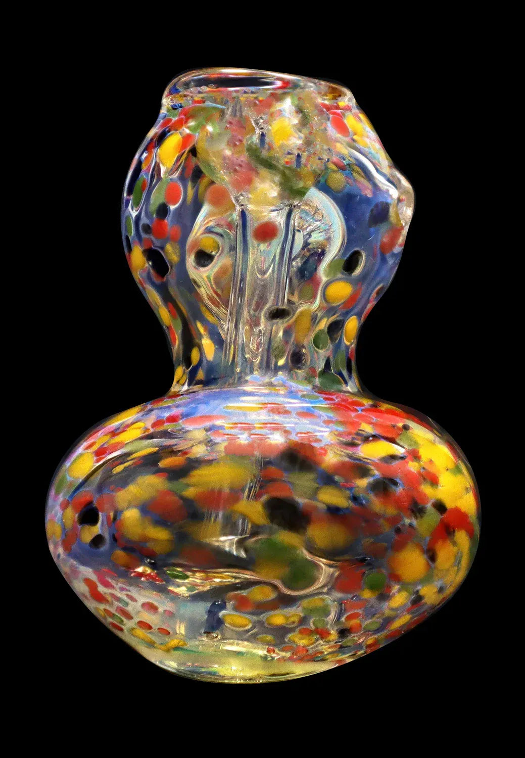 Close-up front view of the DHC Rainbow Frit Hammer Bubbler - 5 in., showing a multicolored frit pattern of red, yellow, green, and blue dots against clear glass on a black background.