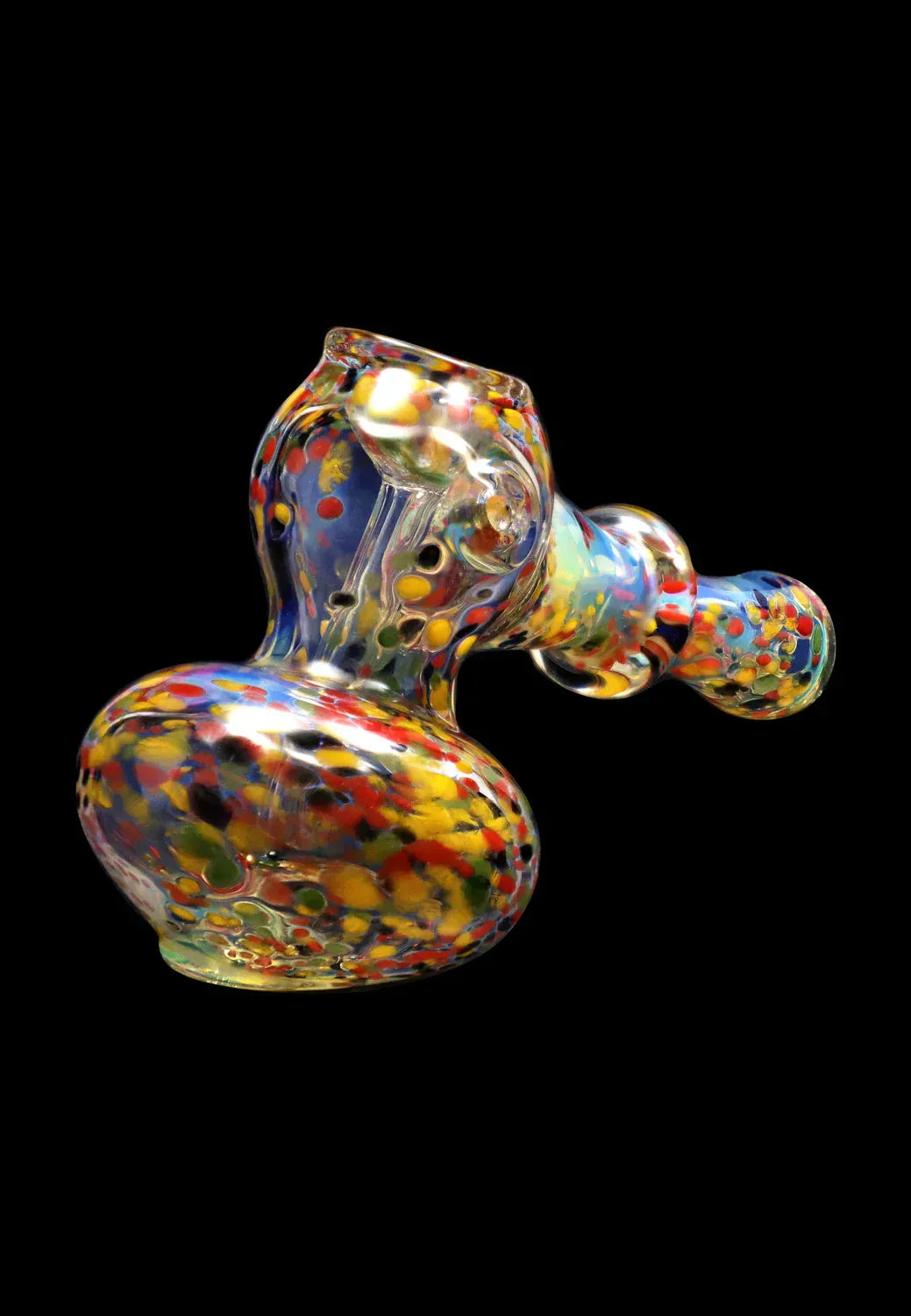 Angled close-up of the DHC Rainbow Frit Hammer Bubbler - 5 in. showing multicolored frit speckles across its rounded glass body against a black background