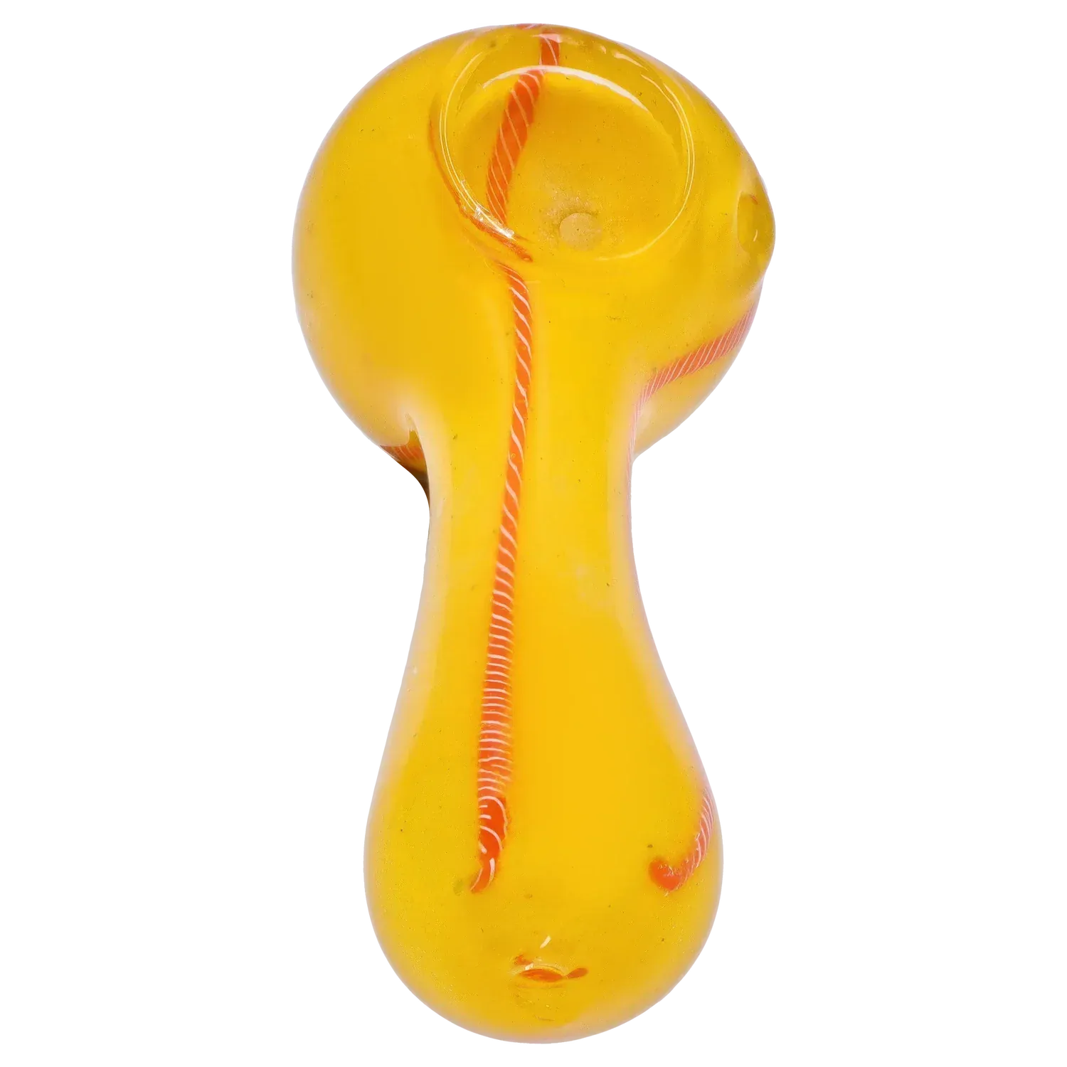Top-down view of a yellow DHC Frit Glass with Rasta Line Spoon Pipe - 4.5 in., showing its rounded bowl, red twisted line running down the stem, and bright even lighting