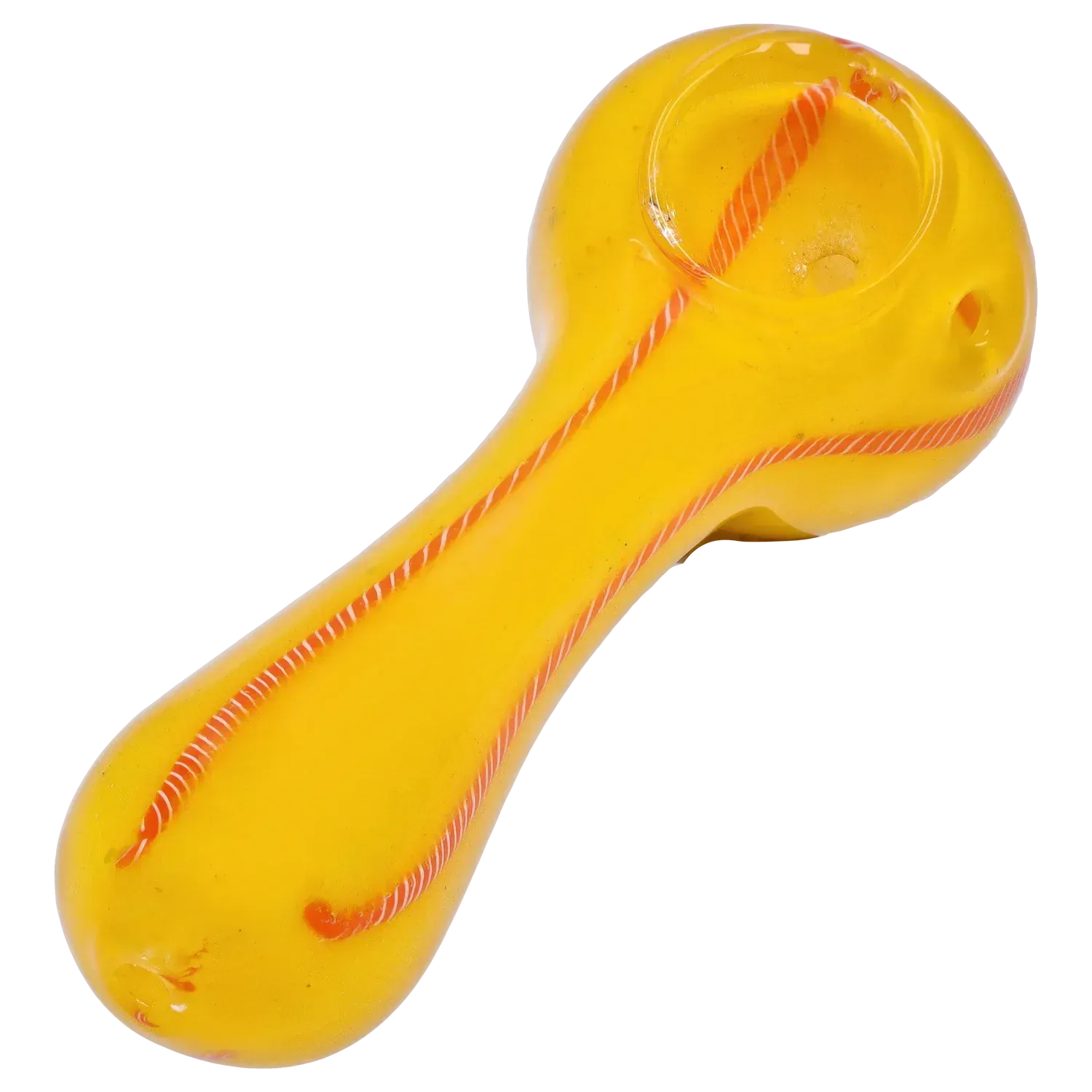 Close-up, angled view of the DHC Frit Glass with Rasta Line Spoon Pipe - 4.5 in. showing its yellow glass body with an orange twisted rasta line running along the bowl and stem.