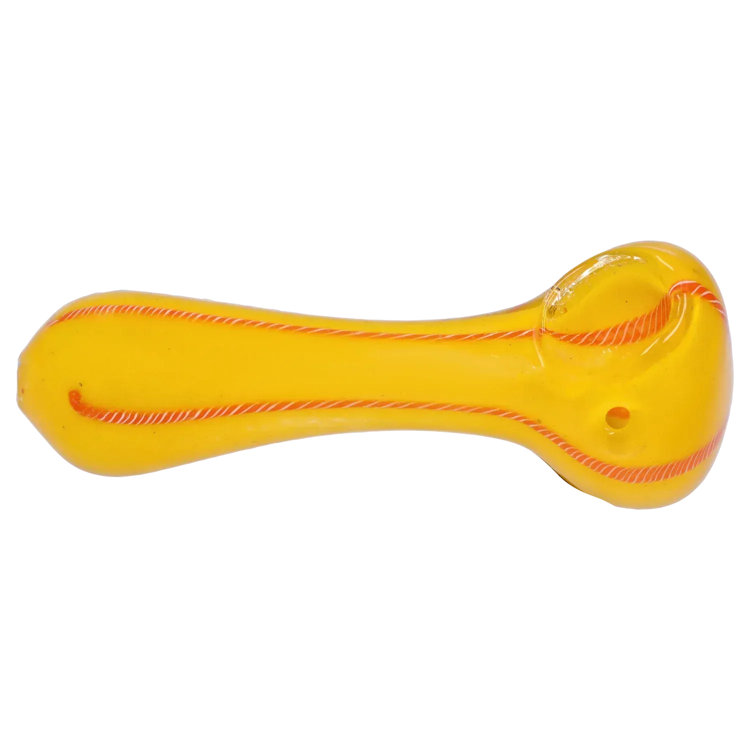 Horizontal top-down view of a yellow DHC Frit Glass with Rasta Line Spoon Pipe - 4.5 in., showing an orange twisted rasta line running along its length and a rounded bowl at the right.