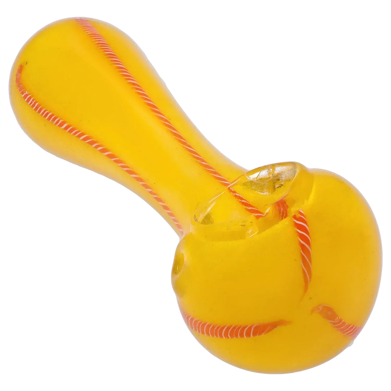 Close-up angled view of the yellow DHC Frit Glass with Rasta Line Spoon Pipe - 4.5 in., showing its rounded bowl, twisted red-and-white rasta line accents and glossy finish