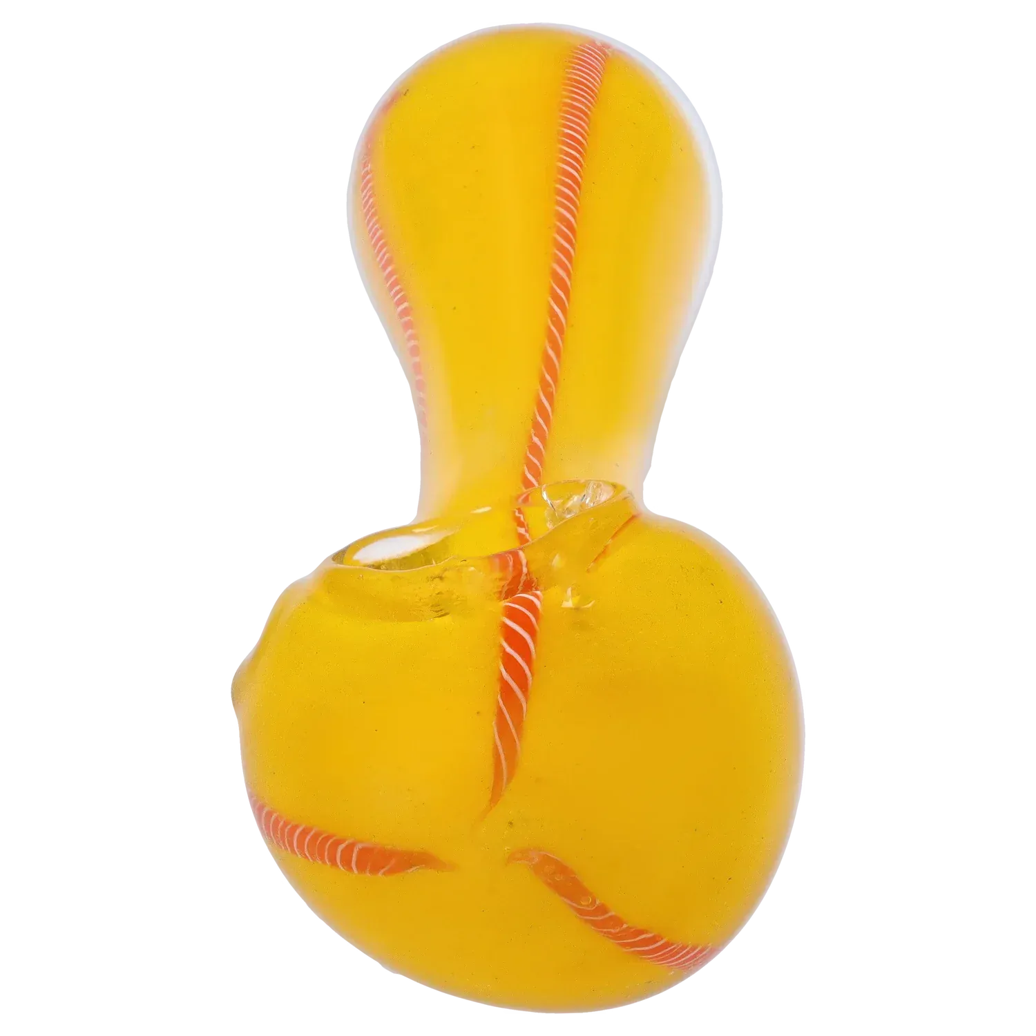 Close-up front view of the DHC Frit Glass with Rasta Line Spoon Pipe - 4.5 in., showing a yellow glass bulb with spiral red-and-white rasta lines.