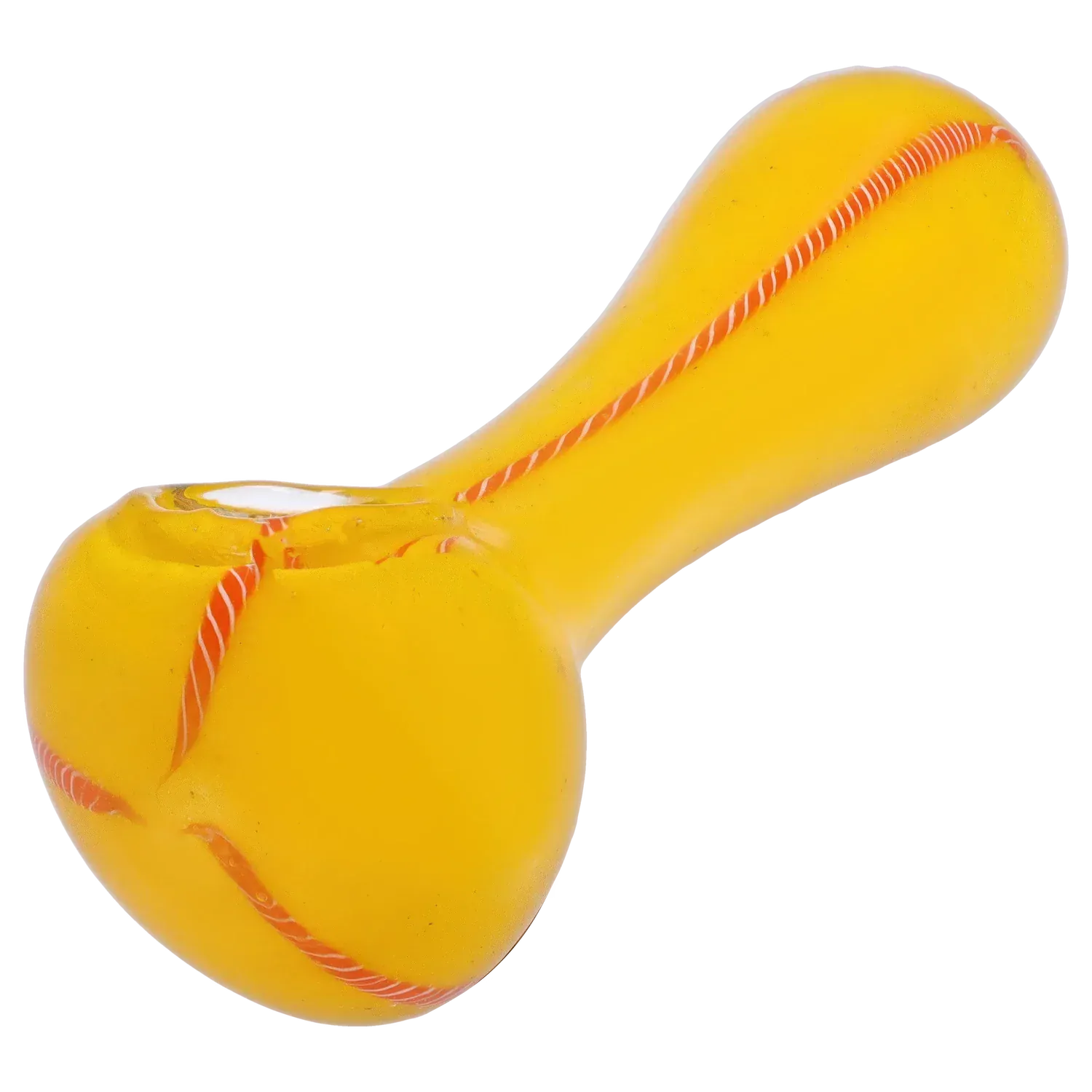 Close-up angled view of the DHC Frit Glass with Rasta Line Spoon Pipe - 4.5 in., showing a yellow glass spoon with a twisted red-and-white rasta line running along its bowl and handle.