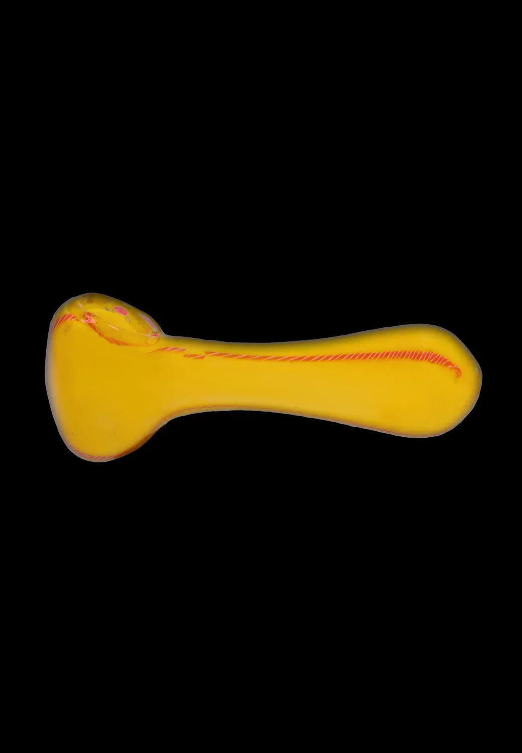 Top-down view of a yellow DHC Frit Glass with Rasta Line Spoon Pipe - 4.5 in. showing its elongated bowl and thin red rasta line against a black background