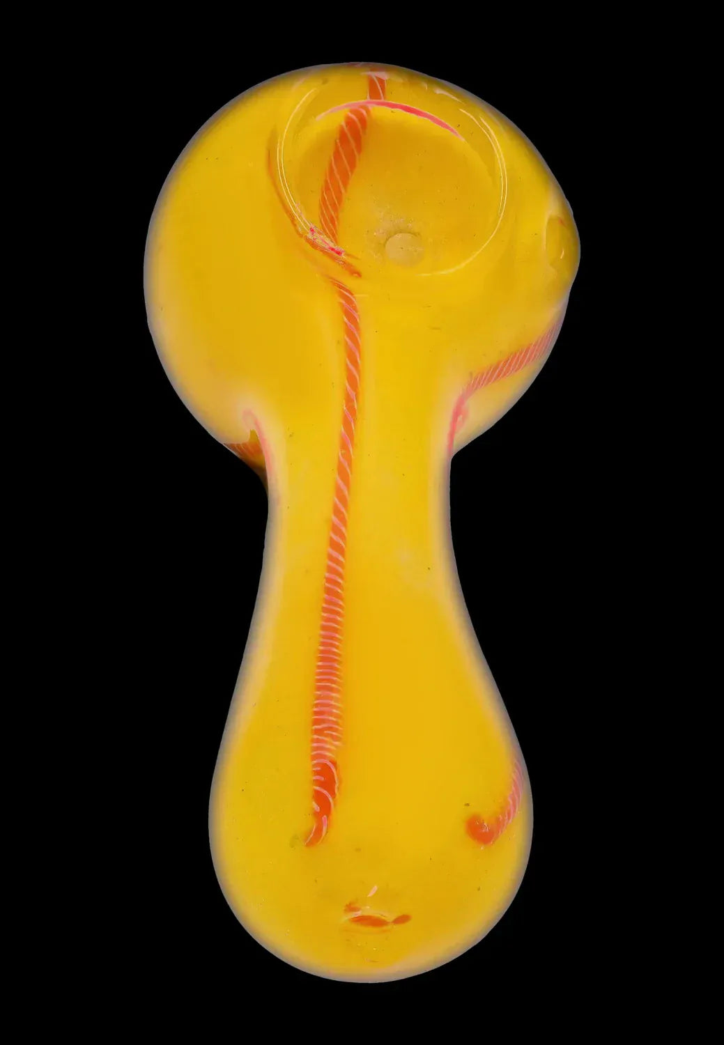 Top-down view of the DHC Frit Glass with Rasta Line Spoon Pipe - 4.5 in. showing a bright yellow bowl and stem with a central twisted red rasta line against a black background