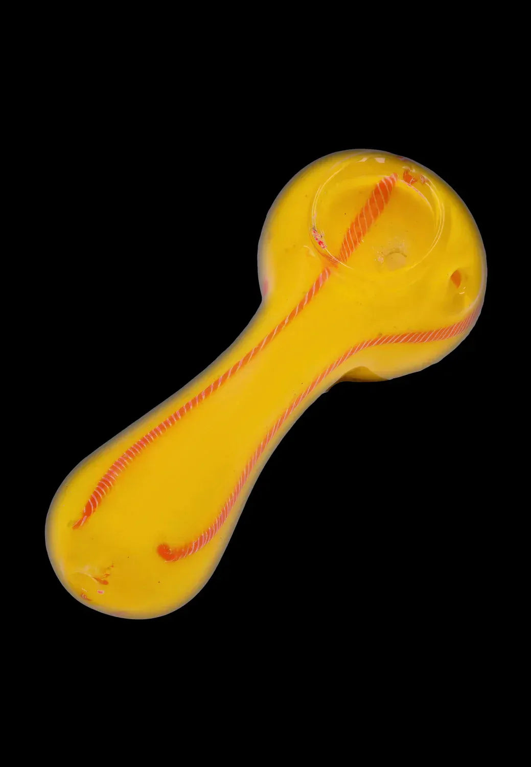 Top-down view of the DHC Frit Glass with Rasta Line Spoon Pipe - 4.5 in., showing a glossy yellow glass spoon with red twisted "rasta" lines against a black background