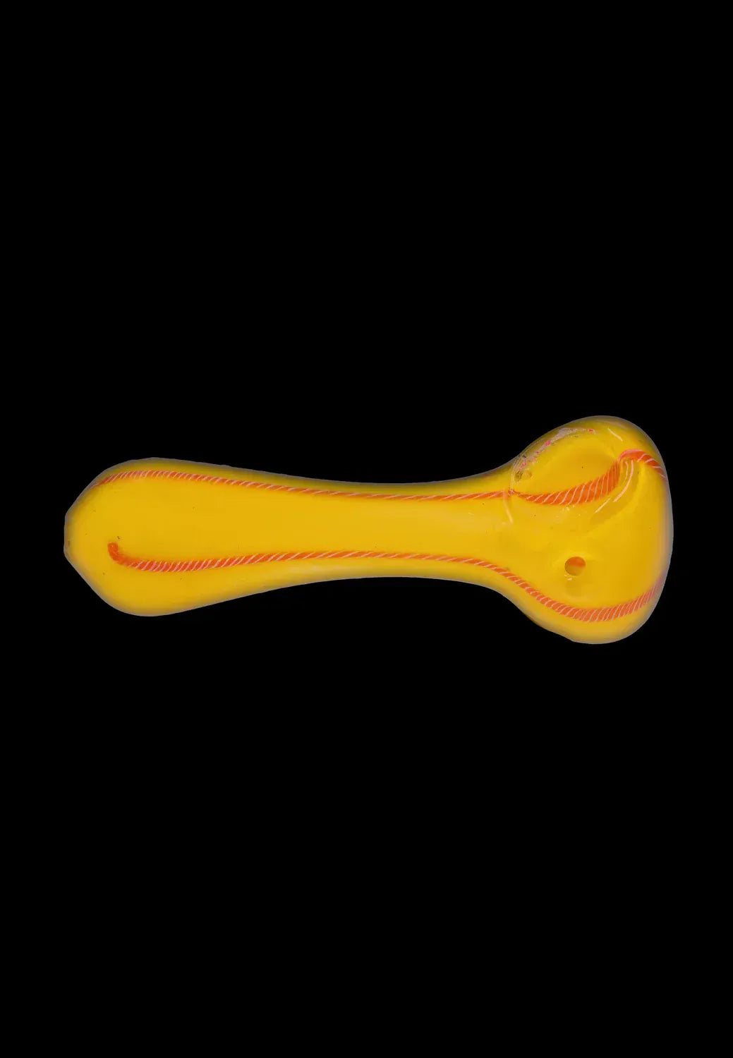 Top-down view of the DHC Frit Glass with Rasta Line Spoon Pipe - 4.5 in., a yellow glass spoon pipe with thin red spiral lines against a black background.