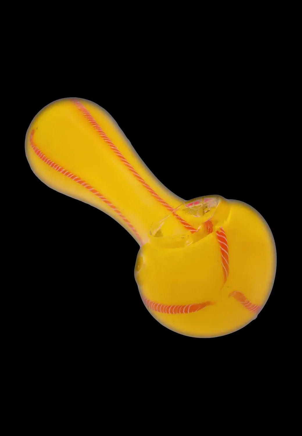 Top-down view of the DHC Frit Glass with Rasta Line Spoon Pipe - 4.5 in. showing a yellow glass spoon with thin red twisted lines against a black background