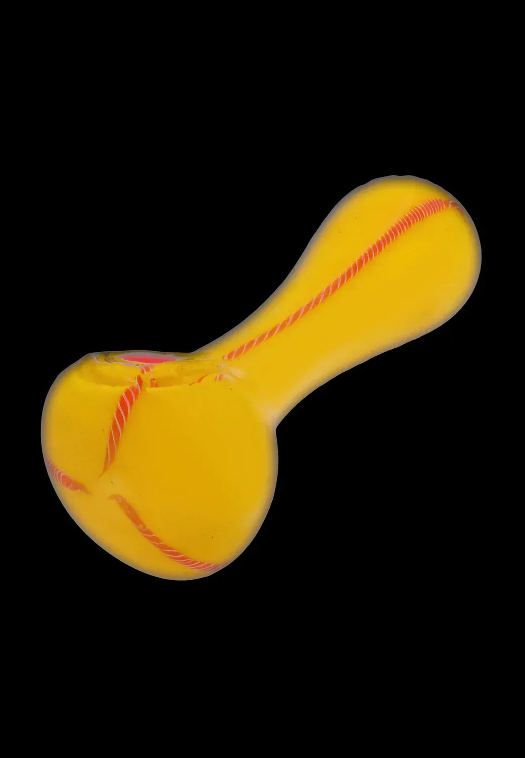 Angled close-up of the yellow DHC Frit Glass with Rasta Line Spoon Pipe - 4.5 in., showing a red twisted rasta line running along the bowl and handle against a black background