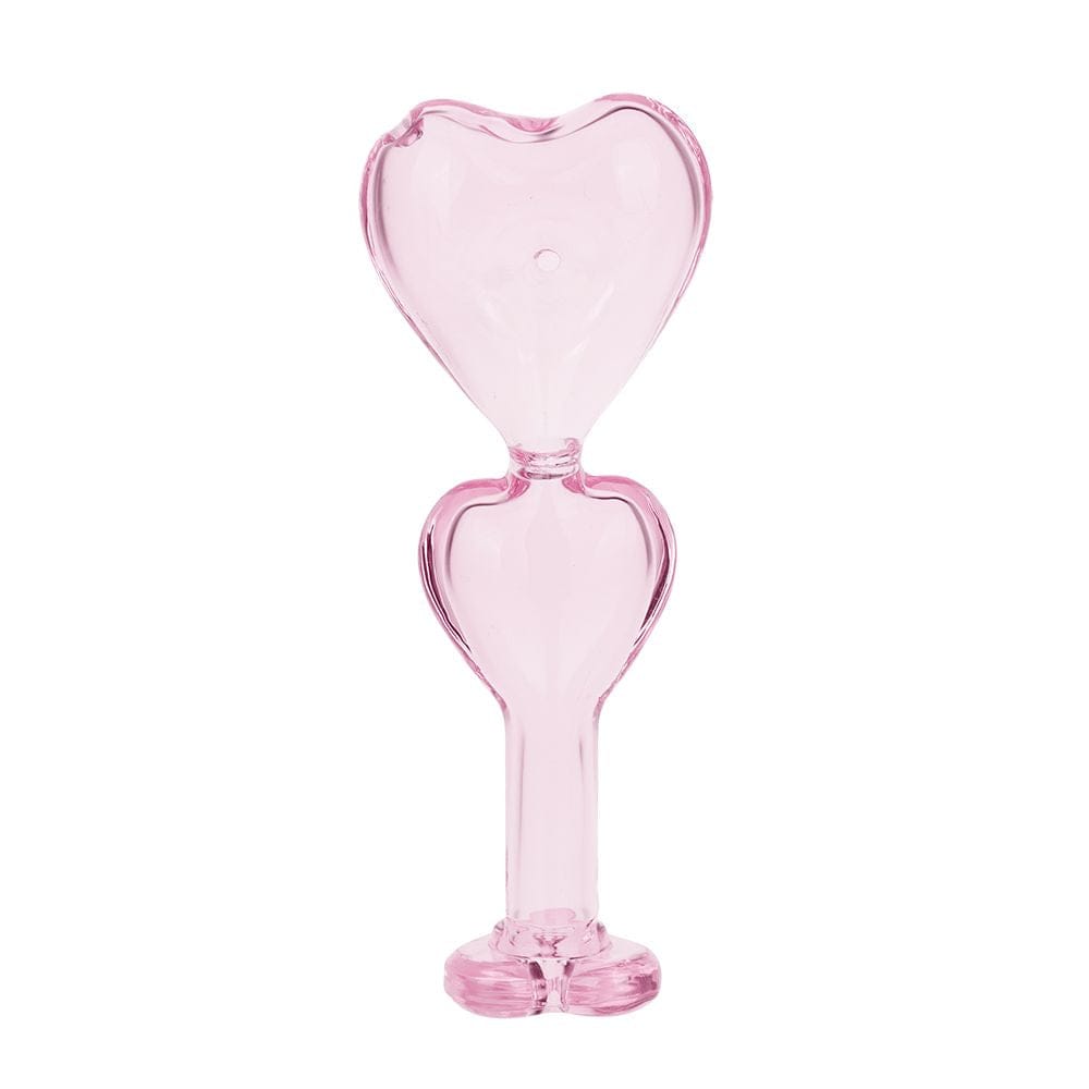 Centered front view of the Double Love Glass Hand Pipe - 5.5" showing its translucent pink double-heart glass form against a white background