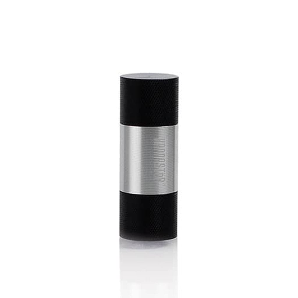 Centered front view of a cylindrical Ryot Kannastor Kief Press Pollen with black textured caps and a brushed silver middle band on a white background.