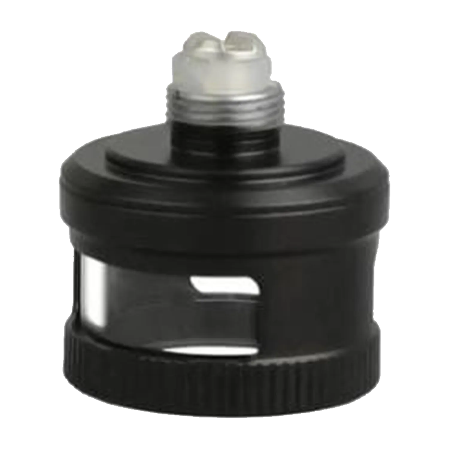 Close-up top-down view of the black Pulsar Rok Dry Herb Chamber - 5 Pack showing the threaded metal heating element and vented cylindrical body.