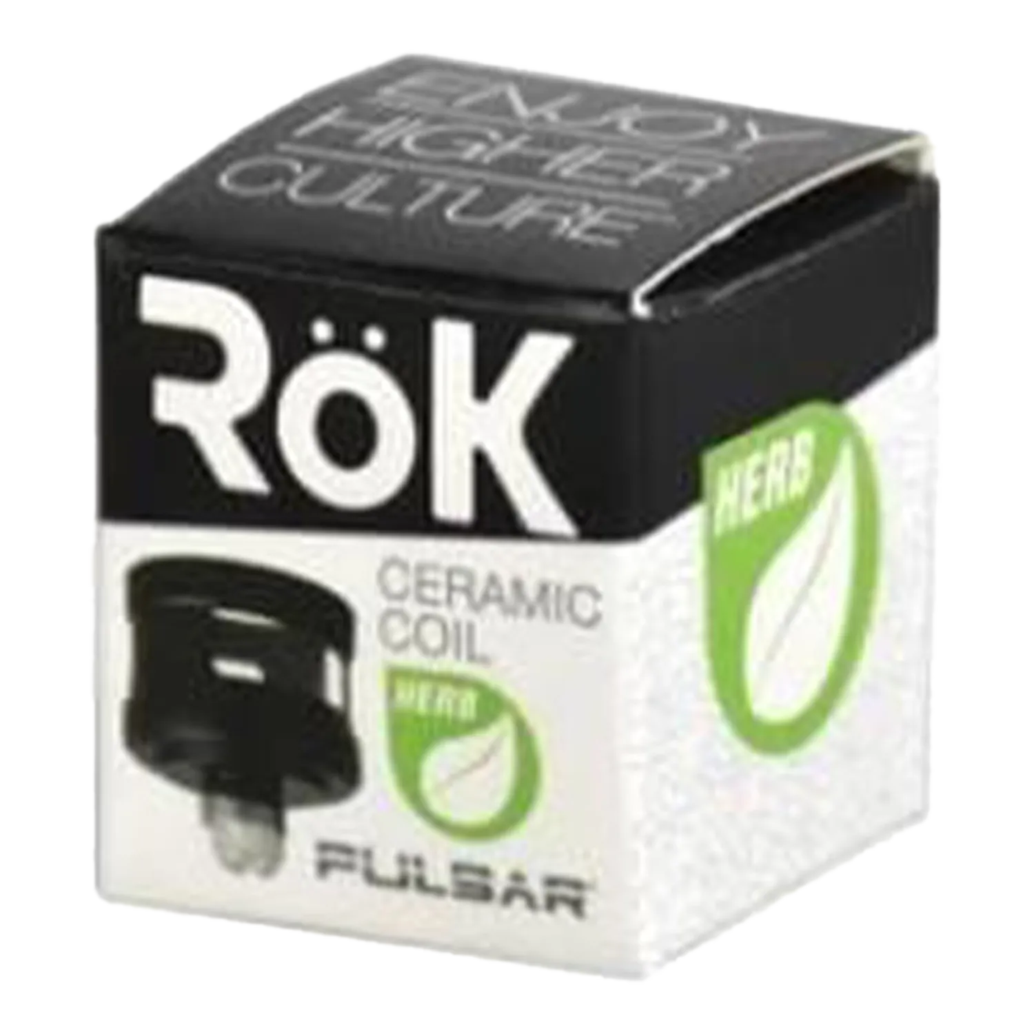 Angled front view of a black-and-white box labeled Pulsar Rok Dry Herb Chamber - 5 Pack showing a large "RÖK" logo, herb leaf icon, and product image.