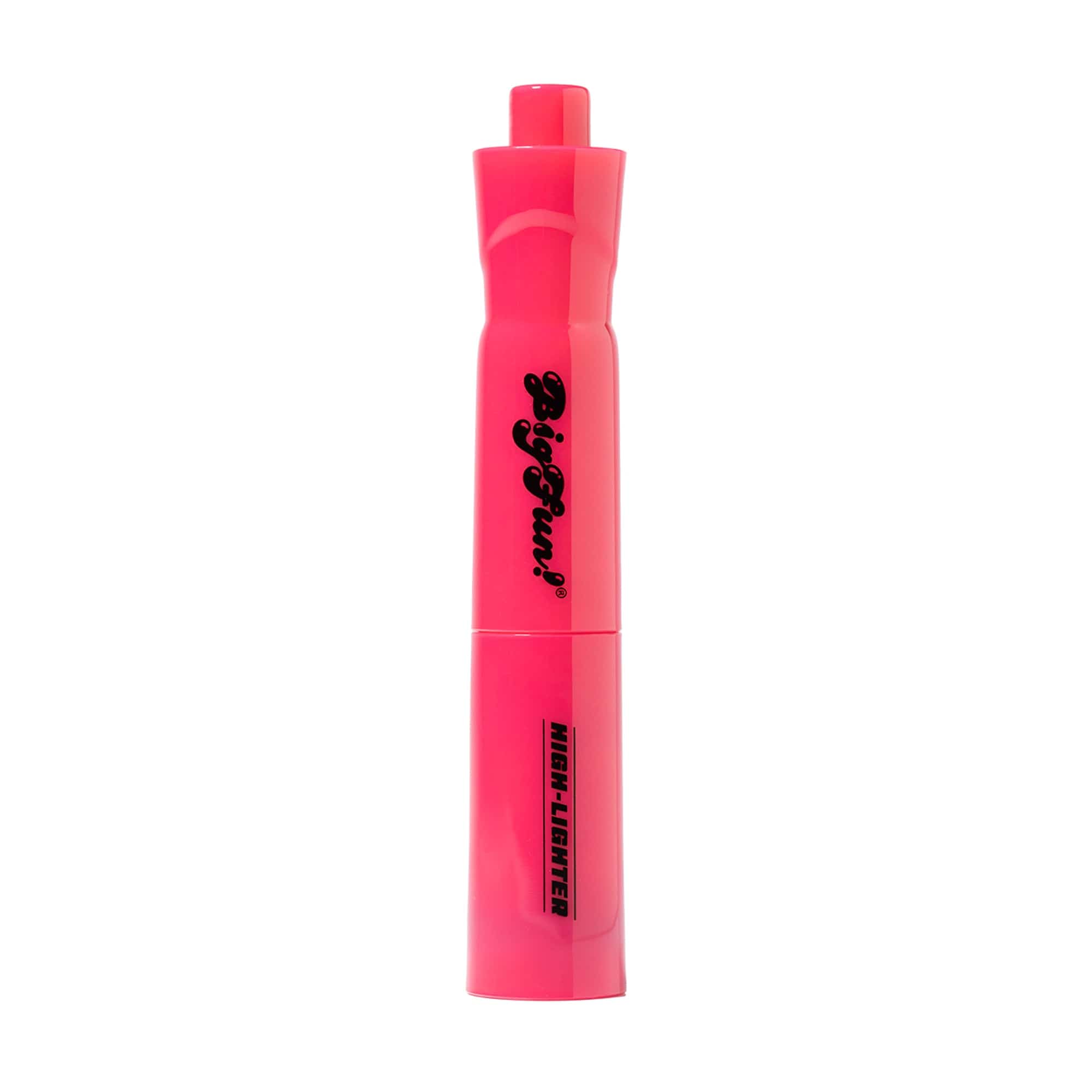 Close-up vertical view of the hot pink BIGFUN! High-Lighter Vaporizer against a white background, showing the rounded cap and partial black logo.