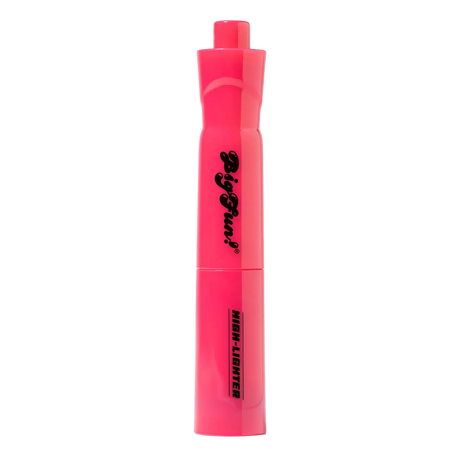 Vertical close-up of the pink BIGFUN! High-Lighter Vaporizer centered against a white background showing its glossy cylindrical body and black logo.