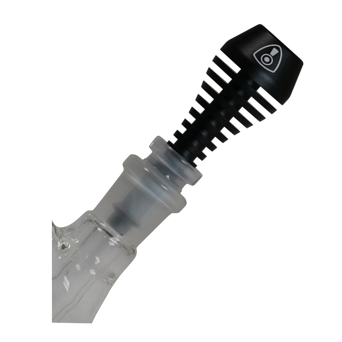 Angled close-up of the Invincipipe showing a frosted glass joint and a black slotted stem with its logo on a white background