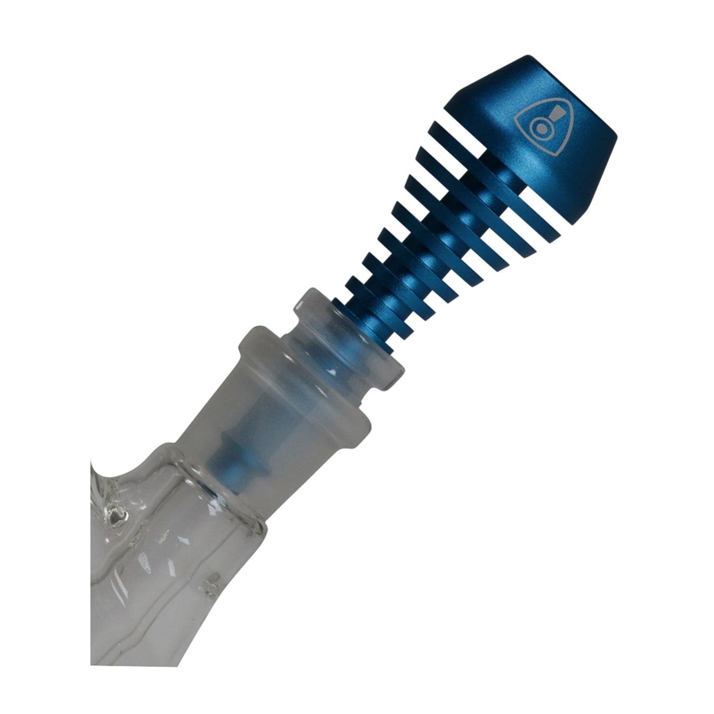 Angled close-up of a blue finned metal tip attached to a frosted glass joint of the Invincipipe.