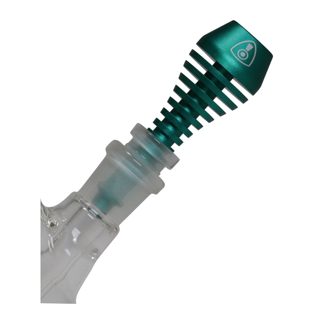 Angled close-up of the teal Invincipipe mouthpiece inserted into a frosted glass joint, photographed on a white background.