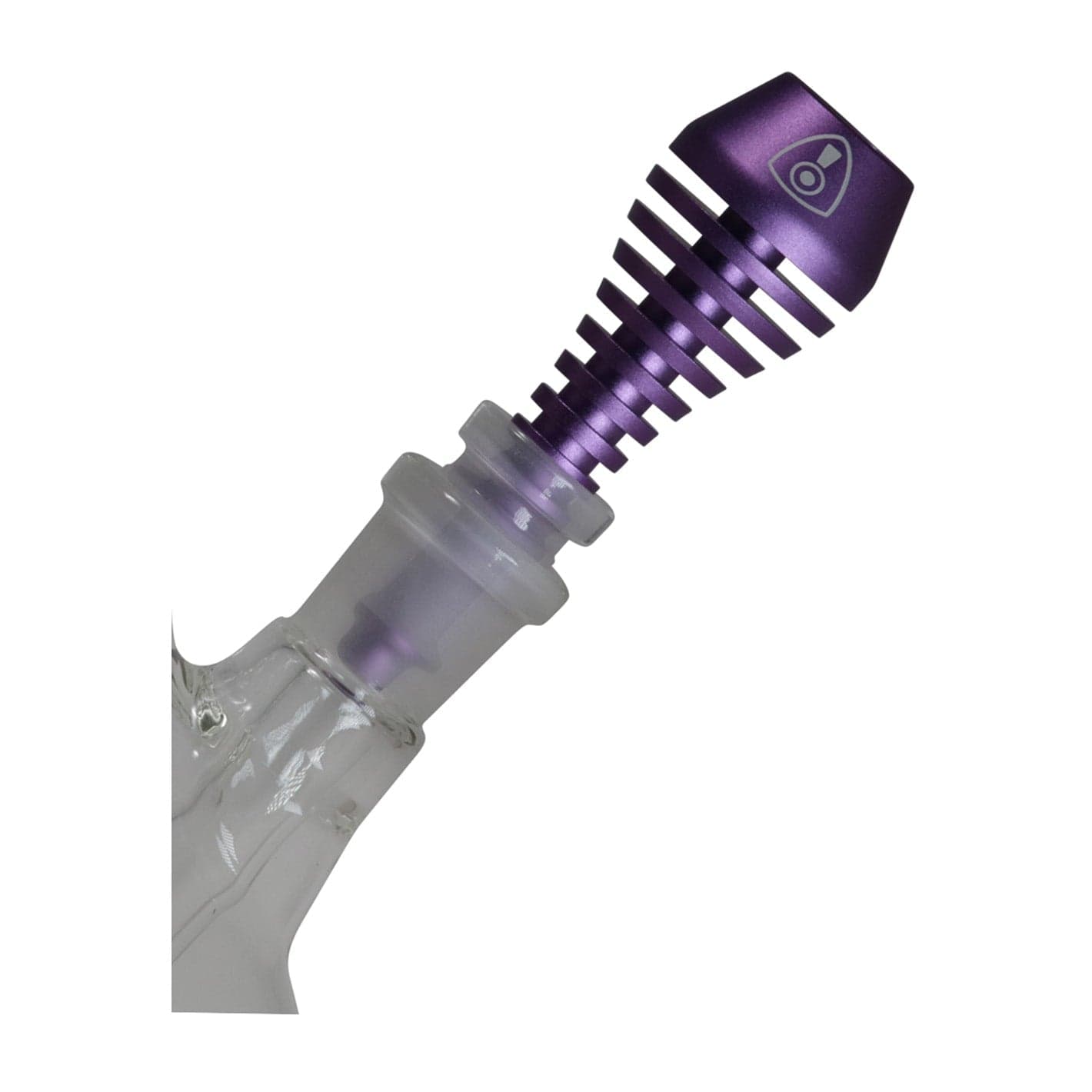 Angled close-up of the purple finned tip and frosted glass joint of the Invincipipe.