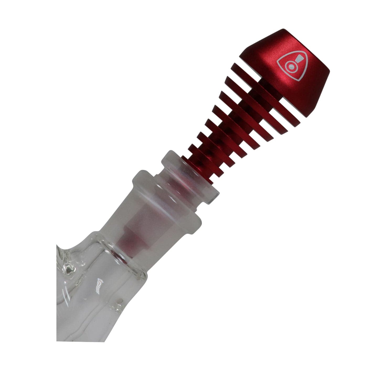 Angled close-up of the red finned metal tip and frosted glass joint of the Invincipipe.