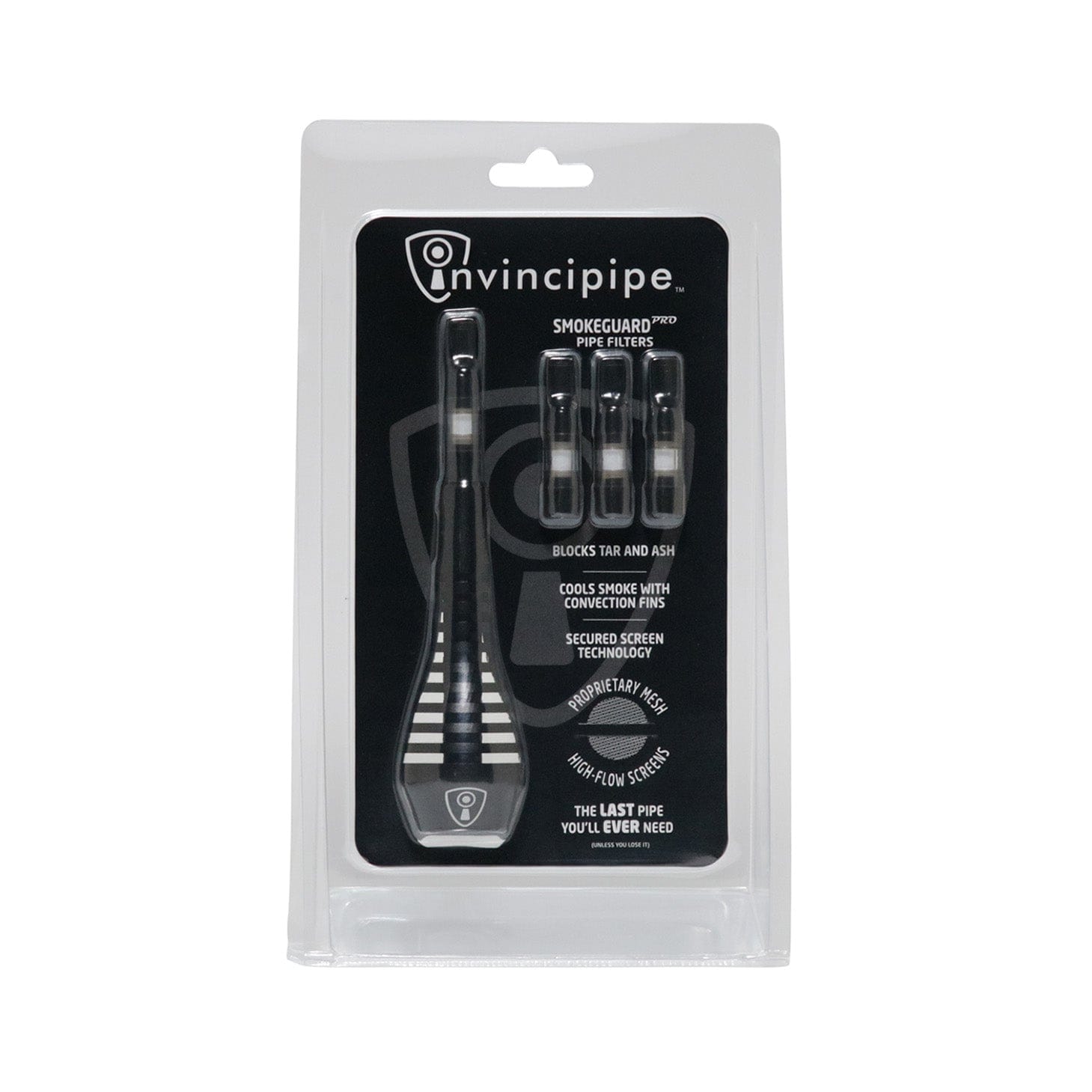 Center-frontal shot of the Invincipipe packaging showing the black product card, clear plastic blister, and a striped pipe with three small cartridge filters.
