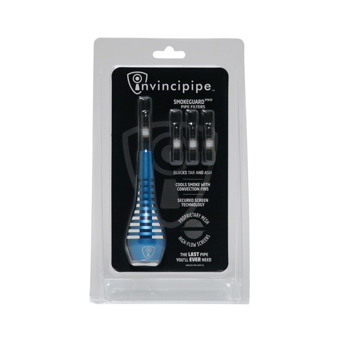 Front-facing shot of the Invincipipe in retail clamshell packaging showing a blue striped pipe and three clear filters against a black backing.
