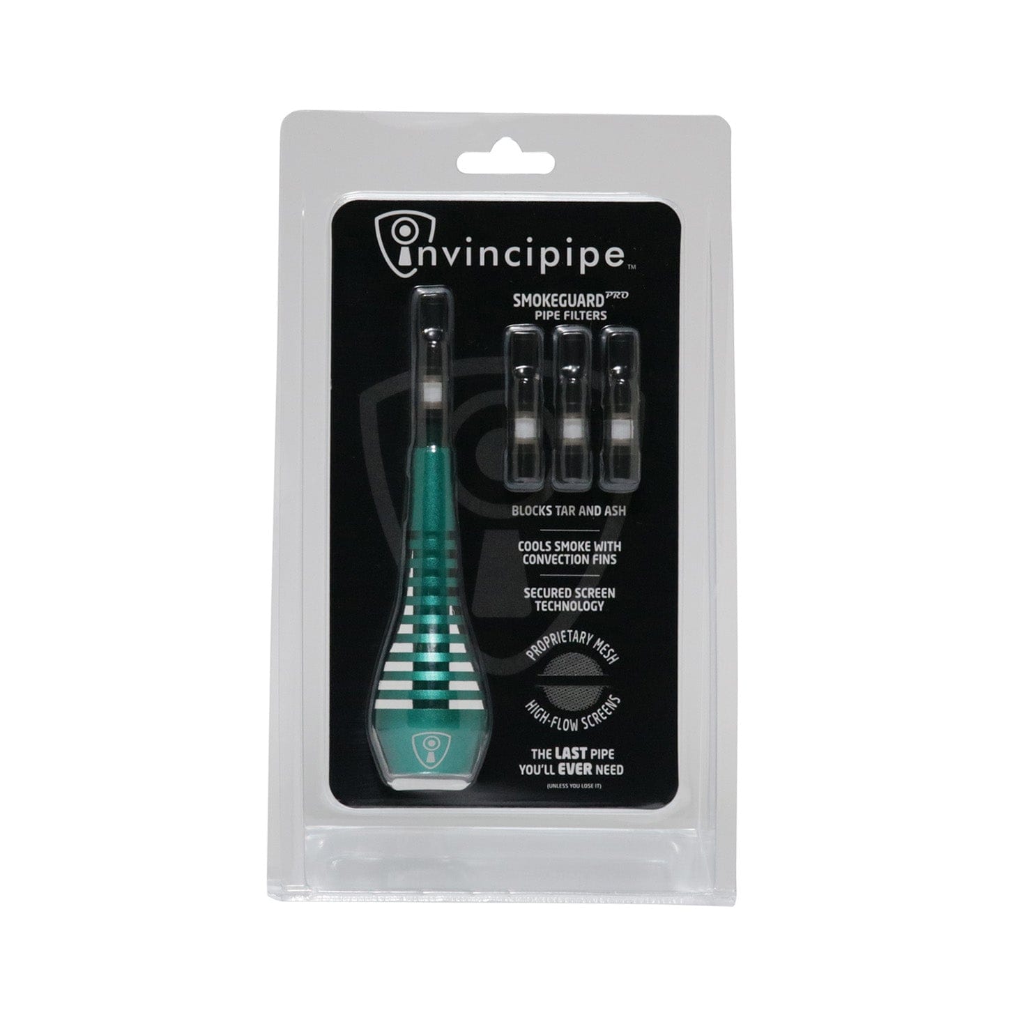 Center-front view of the teal-striped Invincipipe displayed in clamshell packaging against a black backing with three visible filters.