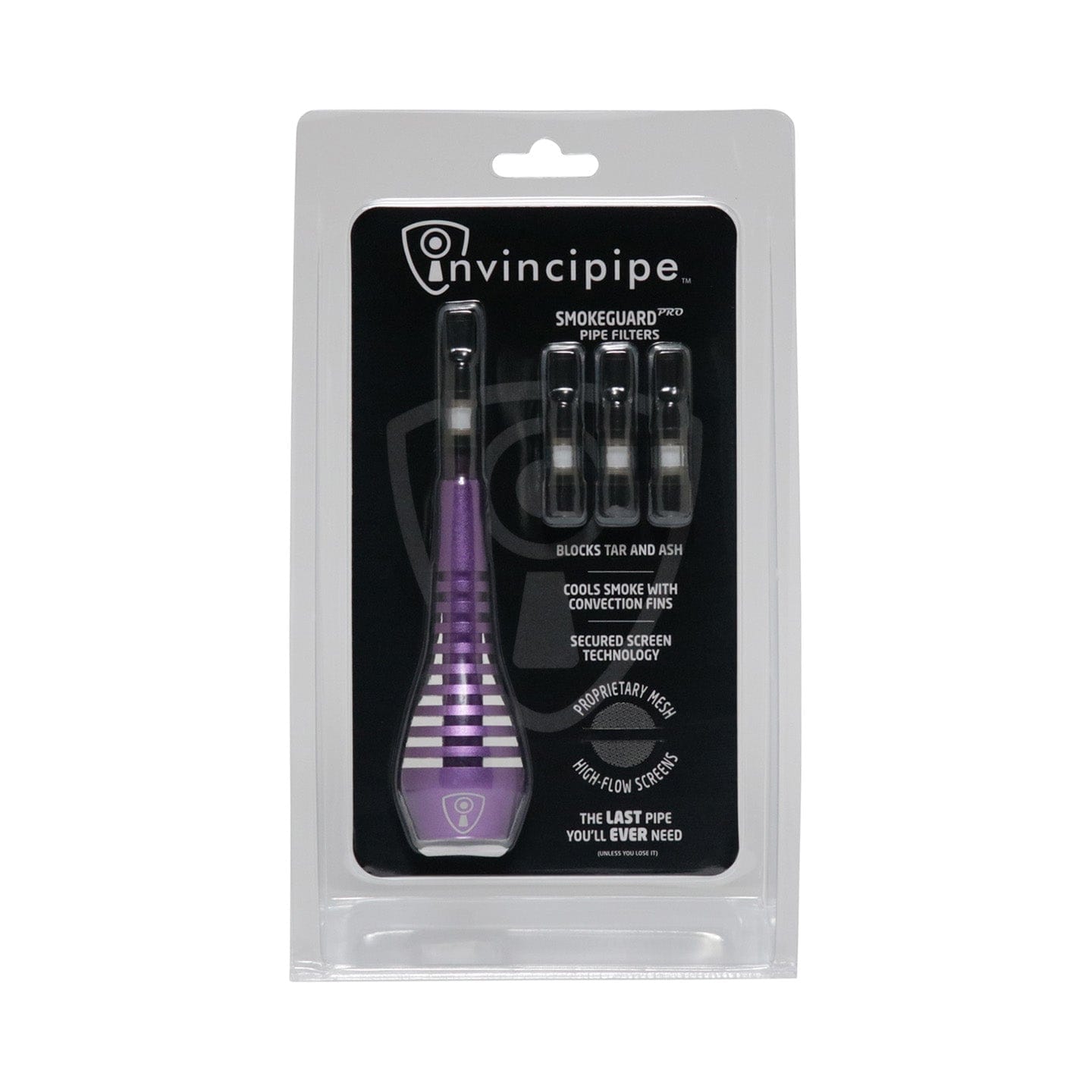 Center-frontal shot of the Invincipipe in its blister pack, showing a purple striped pipe and three clear filters against a black card.