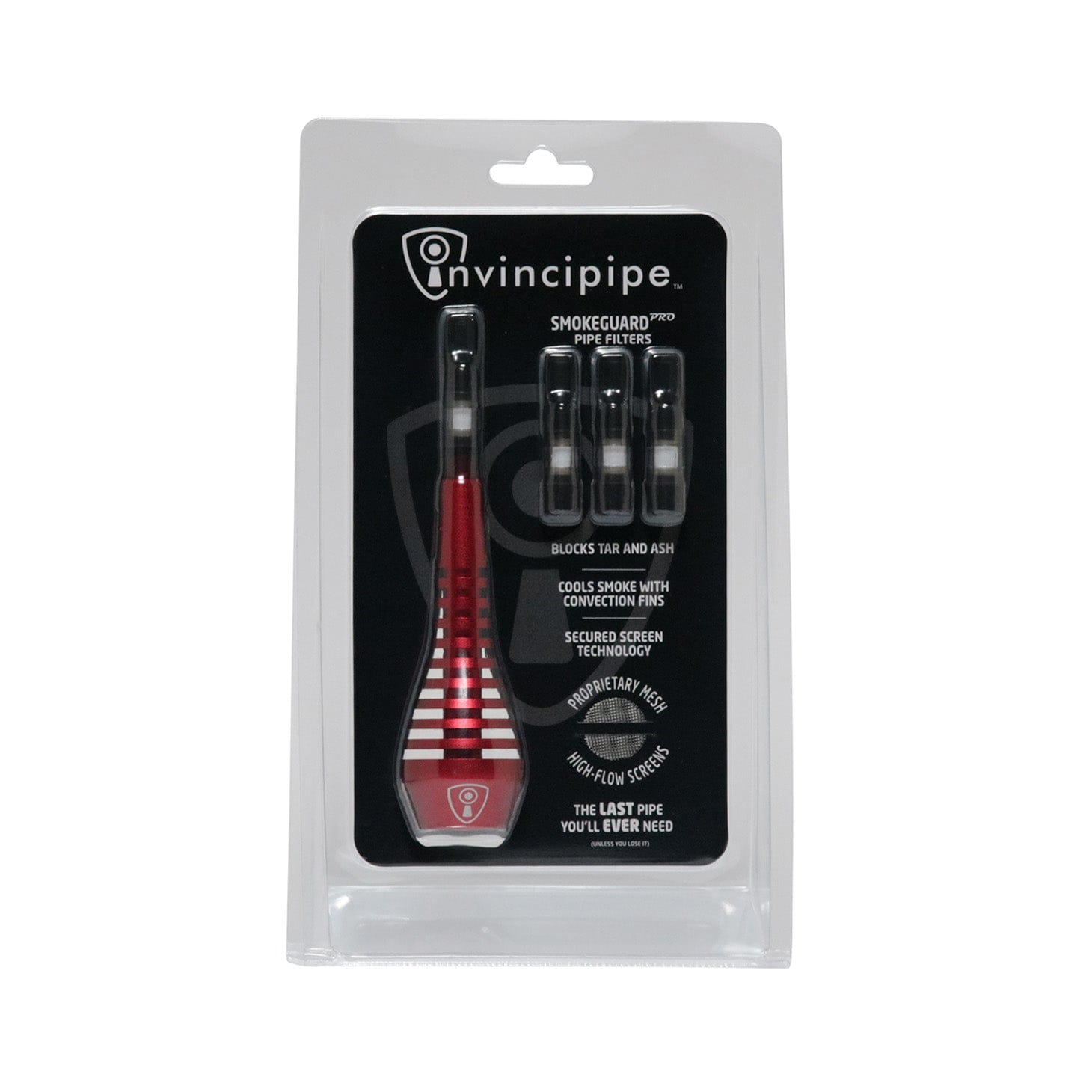 Center-front view of the red and silver striped Invincipipe in clear retail blister packaging against a white background